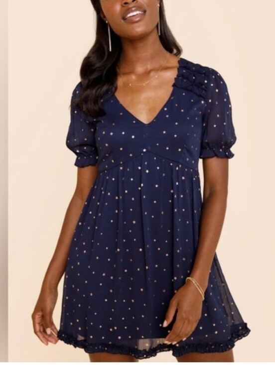 miami Dresses & Skirts - Francescas Collection - Mi Ami Navy Blue & Gold Stars Babydoll Dress Medium